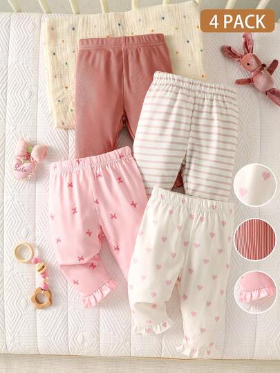 4pcs Newborn Baby Girls' Spring/Autumn Pants Set, Featuring Butterfly Bow Print, Solid Pale Pink, Striped Print, And Heart Print, With Ruffle Hem, Sweet & Cute Style, Suitable For Daily Wear Or Outings