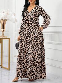 SHEIN Lady Đầm dài tay cổ chữ V, túi chéo, họa tiết da báo kiểu Âu và Mỹ dành cho nữ. - Màu Khaki - Xem 5