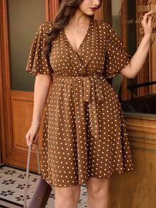 SHEIN Unity Plus Size Polka Dot Wrap Ruffle Hem Short Sleeve Summer Dress - Coffee Brown - View 7