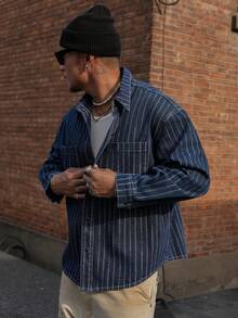 DAZY Men's Distressed Striped Denim Jacket, Spring - Blue - View 6