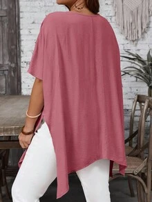 EMERY ROSE Áo kiểu nữ cỡ lớn mùa hè, phong cách thường ngày, đi nghỉ mát, màu trơn, cổ chữ V, tay cánh dơi, vạt áo không đều, dáng rộng. - Bụi hồng - Xem 2