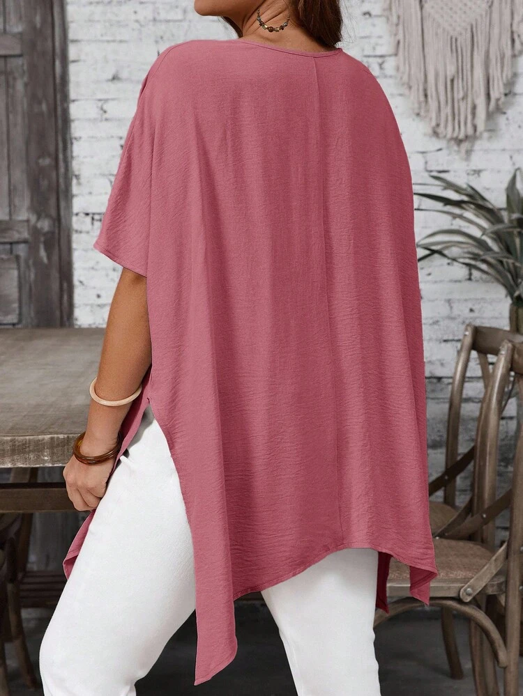 Plus Size Women Summer Casual Vacation Daily Commute Solid Color V-Neck Batwing Sleeve Irregular Hem Loose Blouse, Summer Tops
