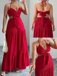GlowEve CURVE Đầm maxi cổ yếm hở lưng màu trơn, chất liệu vải dệt họa tiết, cỡ lớn dành cho nữ, thích hợp cho hẹn hò, đi chơi, đi làm và mặc hàng ngày, mùa xuân/hè. - Đỏ - Xem 3