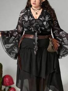 ROMWE Goth Áo khoác cardigan gợi cảm cỡ lớn dành cho nữ, họa tiết rừng tối bí ẩn, đầu lâu, nấm, bướm đêm và lá cây. - màu đen - Xem 4