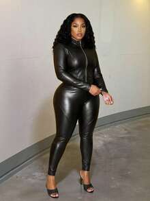 Slaydiva Bộ đồ đôi cỡ lớn Thu/Đông mới về, thích hợp cho lễ hội âm nhạc, lễ Phục Sinh, tiệc sinh nhật, mặc thường ngày, kỳ nghỉ, du lịch biển, tắm nắng, áo dài tay có khóa kéo và quần màu trơn chất liệu PU - Màu đen. Bộ 2 mảnh dành cho nữ cỡ lớn, bộ đồ đôi cỡ lớn, bộ đồ đôi cho người có thân hình đầy đặn, quần áo cỡ lớn cho nữ, bộ liền thân cho người có thân hình đầy đặn, bộ liền thân ôm sát, trang phục dự tiệc đêm Vegas, trang phục sinh nhật cho người có thân hình đầy đặn. - màu đen - Xem 6