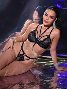 3pcs Lace Black Sensual Diamond Chain Luxury Sexy Set - Black - View 7