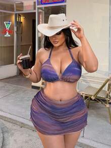 SHEIN Swim Curve Plus Size Women's Bikini Set Set, Halter Neck Tie Strap Triangle Top, Mesh Skirt, Drawstring Sides, 3-Piece Sexy Vacation Set - Bronze - View 6