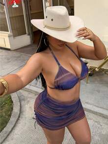 SHEIN Swim Curve Plus Size Women's Bikini Set Set, Halter Neck Tie Strap Triangle Top, Mesh Skirt, Drawstring Sides, 3-Piece Sexy Vacation Set - Bronze - View 7