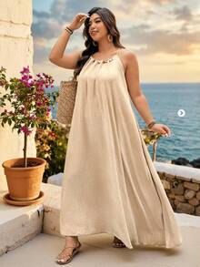 SHEIN LUNE Plus Size Women's Khaki Summer Boho Beach Holiday Beaded Halter Maxi Dress,Elegant Waist-Cinched A-Line Flowy Dress For Vacation,Parties&Weddings - Apricot - View 4
