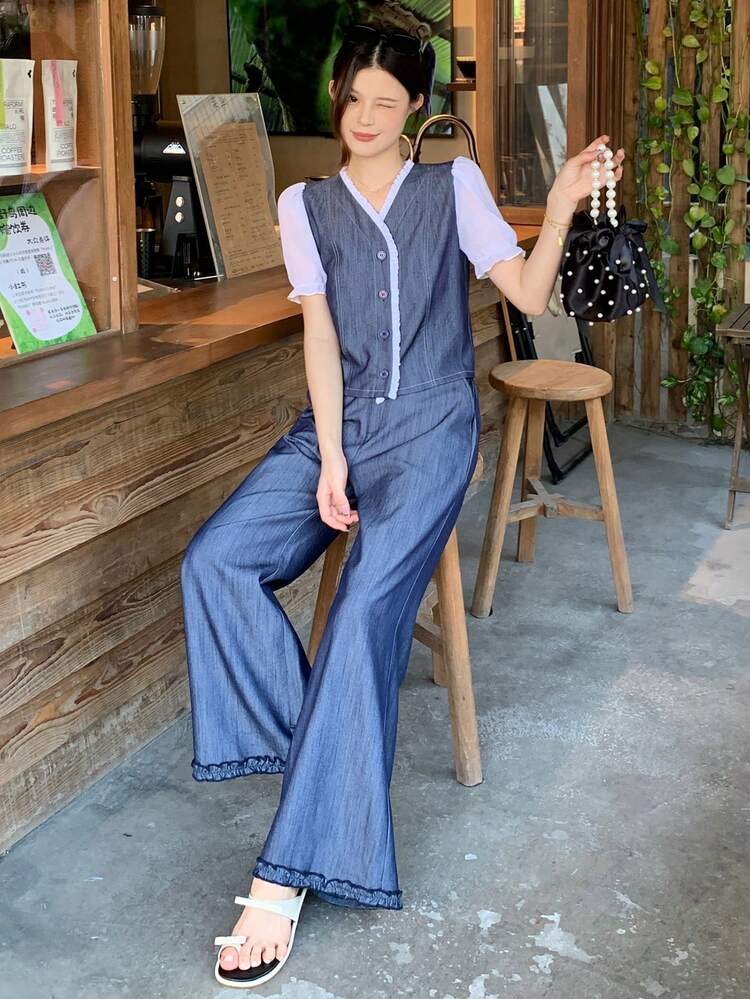 Women's V-Neck Denim Effect Vest & Loose Pants 2-Piece Set, Solid Color, Korean Style