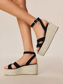 Styleloop 女士编织草绳交叉绑带高跟圆头凉鞋 - 黑色 - 查看 4