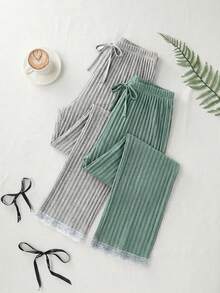 Women 100%Cotton 2pcs Lace&Ribbon Detail Casual Rib-Knit Sleep Long Bottom Set Cotton Loungewear - Multicolor - View 1