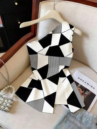 GlowEve Women's Elegant Elegant Office Commute Contrast Color Patchwork Print Sleeveless Top With Side Slit Hem