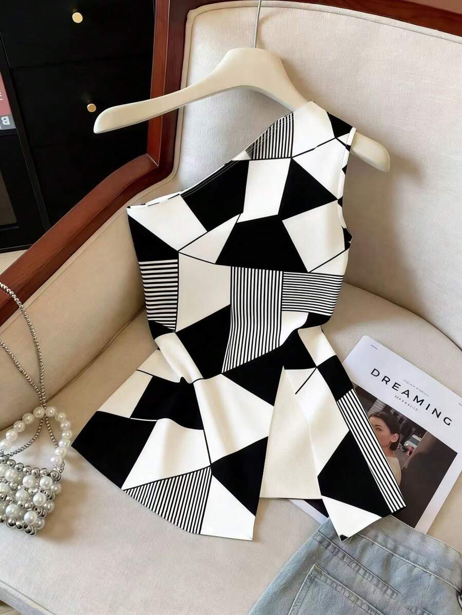 GlowEve 女士优雅通勤撞色拼接印花无袖上衣，侧开衩下摆 - 彩色 - 查看 1