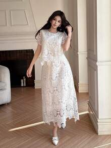 DAZY 女士优雅蕾丝圆领泡泡袖上衣和半裙两件套，春夏款 - 米色 - 查看 6