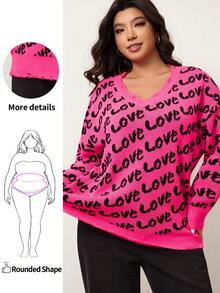 Enliva Áo len cổ chữ V tay dài họa tiết Love Graphic màu tương phản cỡ lớn, Thu/Đông - Màu Hồng Tươi - Xem 1