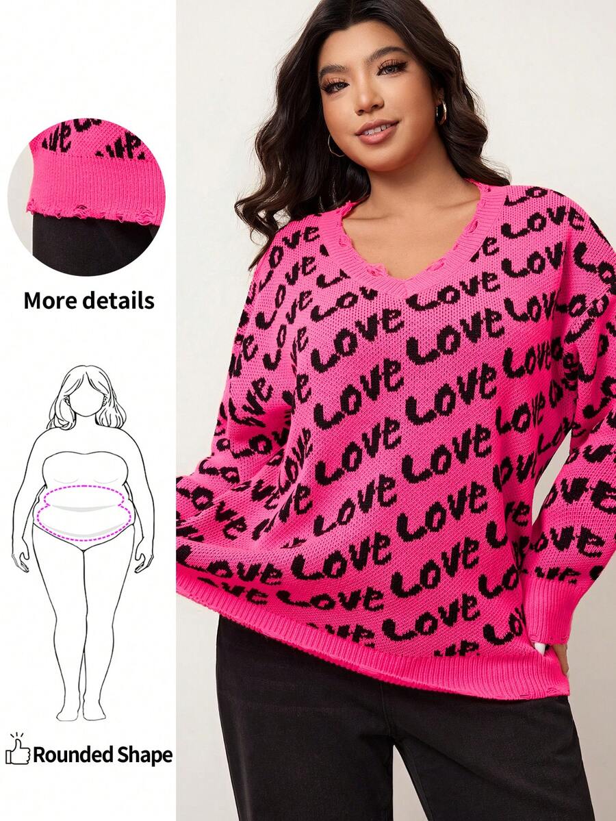 Enliva Áo len cổ chữ V tay dài họa tiết Love Graphic màu tương phản cỡ lớn, Thu/Đông - Màu Hồng Tươi - Xem 1