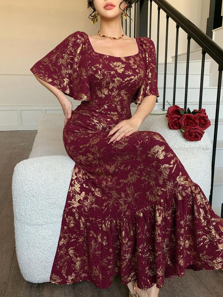 Women's Elegant Floral Print Square Neck Ruffle Sleeve Midi Dress, Summer Wedding Guest Dress Sundress