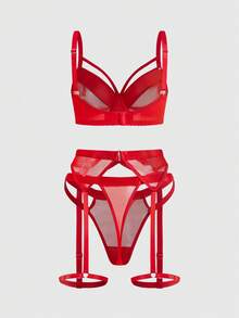 ROMWE Goth 女士哥特式钢圈文胸、丁字裤和吊袜带性感内衣套装 - 紅色 - 查看 2