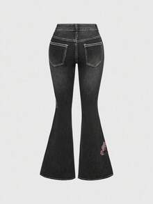 ROMWE Fairycore Women's Retro Y2K Sexy Butterfly Vine Embroidered Rhinestone Flare Jeans - Black - View 4