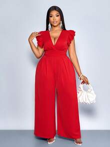 SOLERSUN 女士优雅深V领褶皱露背收腰双层荷叶袖阔腿口袋连体裤，腰部饰有3D立体花朵，适合派对、情人节约会等场合 - 紅色 - 查看 4