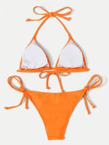 SHEIN Swim 纯色挂脖细肩带三角比基尼泳衣，时尚夏季 - 亮橙色 - 查看 2
