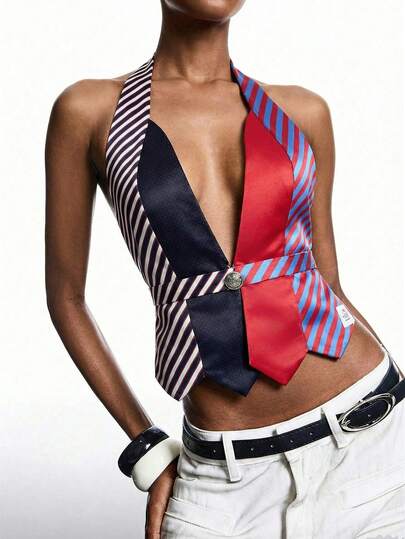 LYSMO 2026 Minimalist Spring Party Fashion Sexy Color Block Lace-Up Backless Camisole Top / Lace-Up Patchwork Top / Summer / Christmas / New Year / Thanksgiving / Party Top / Graduation Season / Fashion Women's Shirt / Fashion / 2000s / Y2K Top