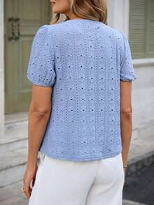 SHEIN Holidaya Áo thun nữ tay ngắn cổ vuông thêu họa tiết, kiểu dáng thời trang nghỉ dưỡng. - Màu xanh lam - Xem 2