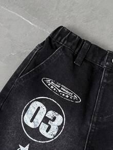SHEIN Young Boy New Distressed Urban Street Style Graffiti Letter & Flame Print Black Denim Loose Jeans Shorts Spring Summer, For Kids Boy Spring/Summer Dailywear,Boys Streetwear,Beach Vacation For Boys, Summer Boho,Casual For Boys,Graphic Short Boys, Shorts,4-Year-Old Boys Short,Summer Short,Casual Shorts - Black - View 5