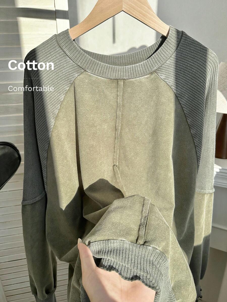 Comfortcana Plus Size Solid Color Minimalist Crew Neck Long Sleeve Sweatshirt Autumn/Winter,Christmas,New Year,Thanksgiving,Party,Wedding,Beach,Graduati,Chic,Elegant,Casual,Going Out,Date,Appointment,Commute - Army Green - View 1