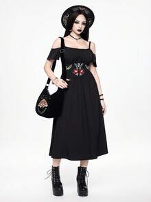 ROMWE Goth 哥特式刺绣露肩中长连衣裙（女款） - 黑色 - 查看 6