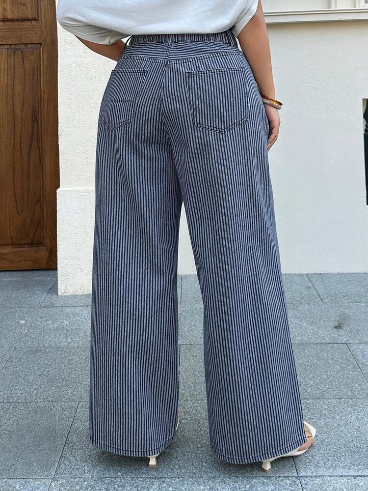 Dazy Plus Plus Size Women Casual Striped Long Jeans, Suitable For Commuting And All Seasons
