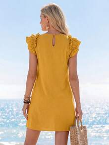 EMERY ROSE Vacation Woven Solid Ruffle Trim Fitted Mini Dress For Women - Yellow - View 2