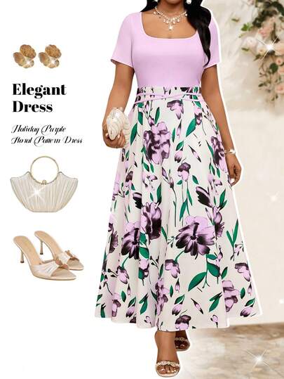 Fleurora Plus Size Women Floral Print Patchwork Square Neck Short Sleeve Elegant Dress
