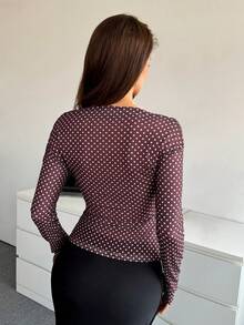 NOVVYNE New Spring/Summer Polka Dot Brown Elegant Metal Buckle Shoulder T-Shirt For Women - Brown - View 5