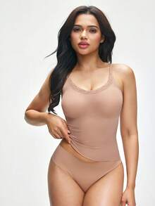 SHAPORA 1pc Women Lace Trim Comfortable Gather Removable Padded Camisole Vest - Coffee Brown - View 5