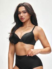 SHAPORA 1pc Black Smooth Underwire Bra With Double Rows Of Buttons, Supportive Cleavage - Black - View 4