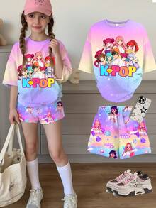 2pcs Tween Girls Casual K-Pop Girl Group Letter & Star Print Ombre Tie-Dye Gradient Crew Neck Short Sleeve T-Shirt And Shorts Set, Suitable For Holidays, Parties, Daily Wear, Concerts, Summer - Multicolor - View 1