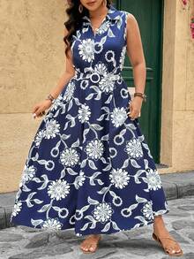Breezaya 大码女士优雅蓝白花卉印花系带休闲无袖连衣裙 - 藏蓝色 - 查看 8
