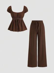 Sweetra 2pcs/Set Casual Cute Textured Hollow-Out Lace-Up T-Shirt And Wide Leg Pants Set, Brown For Women - Brown - View 1