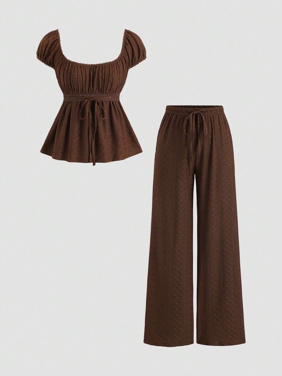 Sweetra 2pcs/Set Casual Cute Textured Hollow-Out Lace-Up T-Shirt And Wide Leg Pants Set, Brown For Women - Brown - View 1