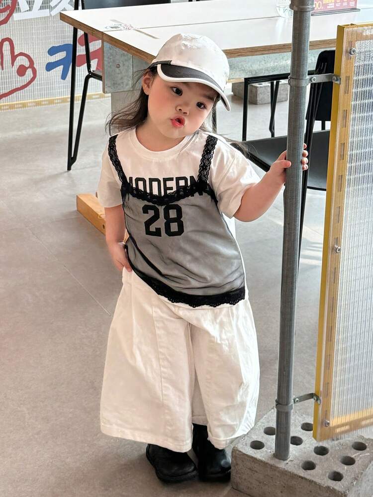 Baby Girls' Round Neck Lace Contrast Color 2 In 1 Korean Style T-Shirt Toddler Girls Clothes