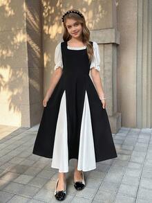 SHEIN 女童优雅黑白雪纺收腰泡泡袖拼接连衣裙 - 黑與白 - 查看 7