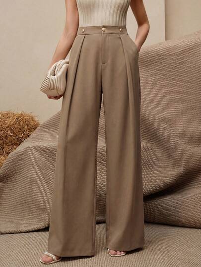 Anewsta 优雅知性的杏色褶裥阔腿裤