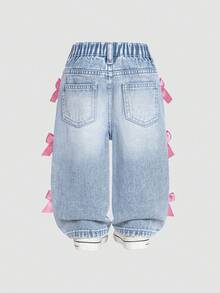 SHEIN 女婴/女童百搭做旧水洗直筒牛仔裤 - 中等水洗藍 - 查看 2