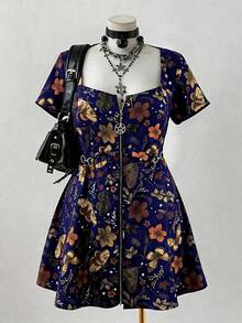 Sunspun Plus Size Women's Navy Blue Summer Goth Night Out Club Vintage Bohemian Printed Punk Rock Metal Zipper Pentagram Buckle Loose A-Line Short Dress - Multicolor - View 1