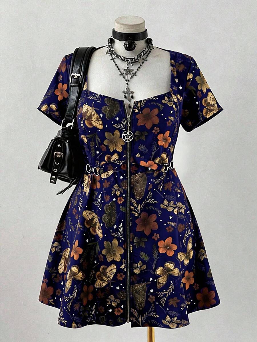 Sunspun Plus Size Women's Navy Blue Summer Goth Night Out Club Vintage Bohemian Printed Punk Rock Metal Zipper Pentagram Buckle Loose A-Line Short Dress - Multicolor - View 1