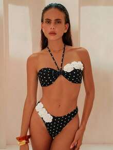 Swim Chiccia Bộ đồ bơi nữ màu trơn in hoa, bikini cho kỳ nghỉ hè ở bãi biển. - màu đen - Xem 5