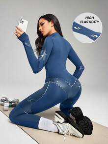 Innovista Women's Stand Collar Zipper Fitted Daily Outdoor Ski Jumpsuit, Long Sleeve - Blue - View 11