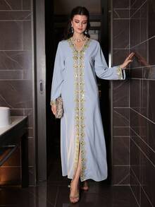 SHEIN Najma Áo choàng dài dáng rộng thanh lịch viền ren dành cho nữ - Màu xanh bụi bặm - Xem 6